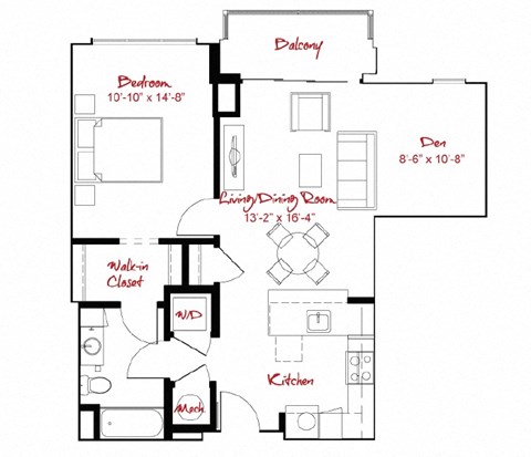 Floor plan for 1 bed, 1 bath, 795 sqft